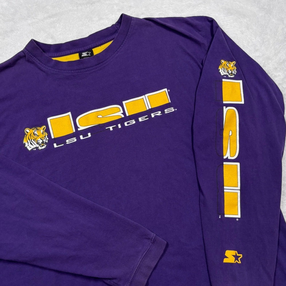 VTG 90s Starter LSU Tigers Long Sleeve T-Shirt Men XL Purple Spellout Fan Alumni